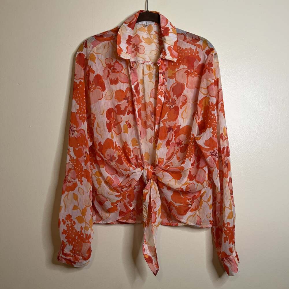 Womens Plus 2XL Orange Pink White Floral Collared Long Sleeve Blouse